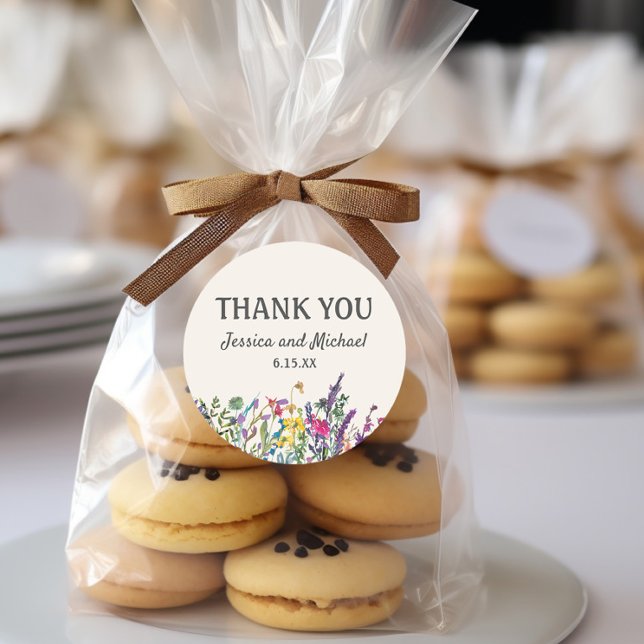 Hochzeit danke Ihnen Aquarell Wildblumen Blumenkoh Runder Aufkleber (Watercolor wildflowers custom "Thank you" stickers)