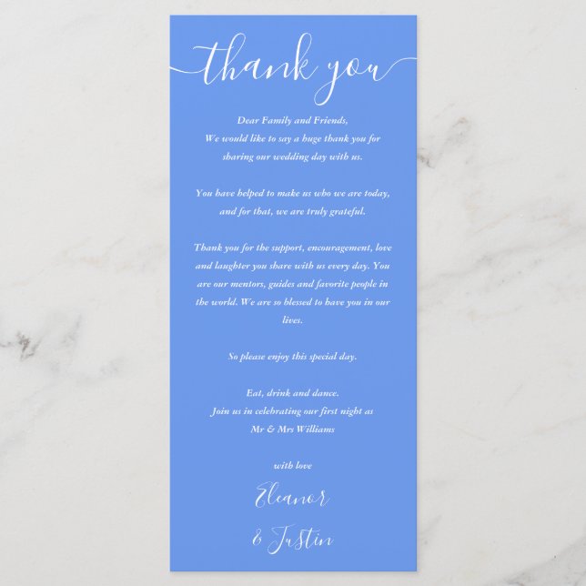 Hochzeit danke Ihnen Cornflower Blue Platzkarte Menükarte (Vorderseite)