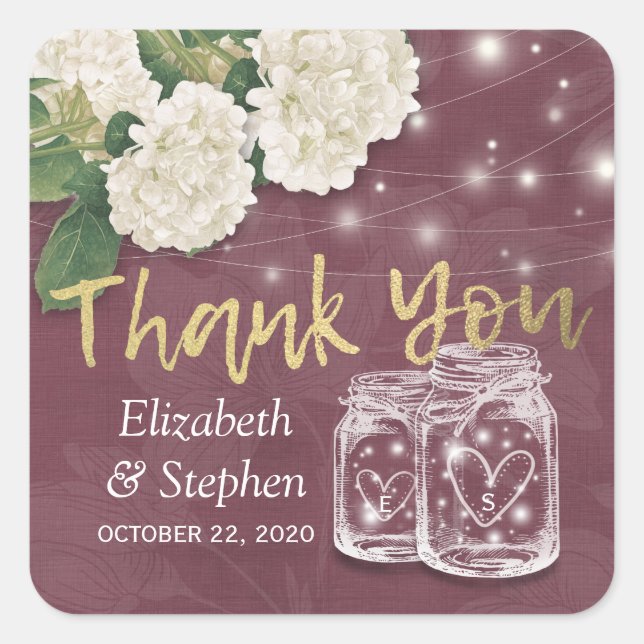 Hochzeit danke Ihnen für Mason Jar Hydrangea Light Quadratischer Aufkleber (Vorderseite)