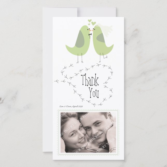Hochzeit danke Ihnen Green Love Birds Foto-Karte (Vorderseite)