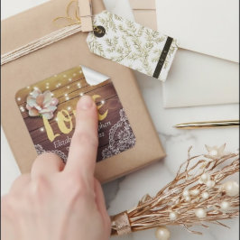 Hochzeit danke Ihnen Holz Blumenzange Lights Lace Quadratischer Aufkleber