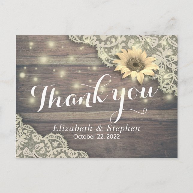 Hochzeit danke Ihnen Lace Sunflower Rustic Wood Li Postkarte (Vorderseite)