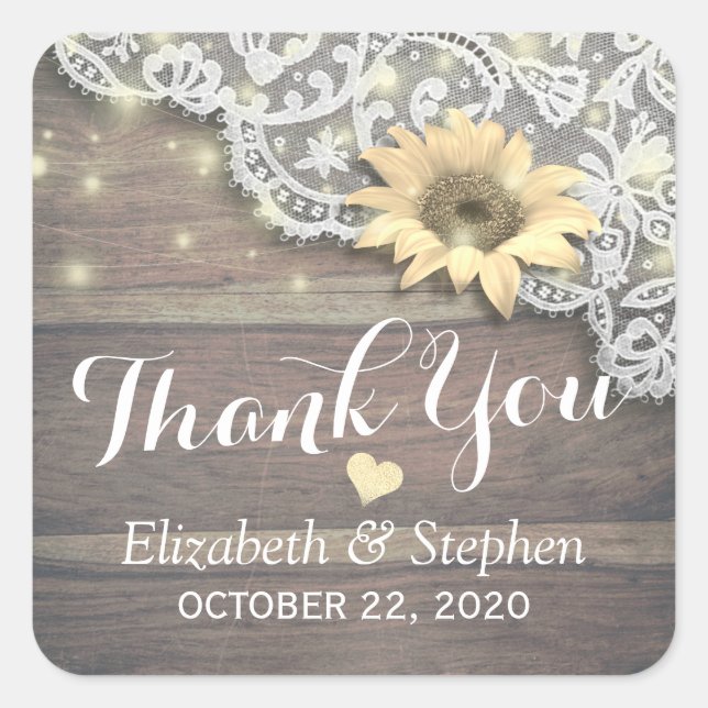 Hochzeit danke Ihnen Lace Sunflower Rustic Wood Li Quadratischer Aufkleber (Vorderseite)