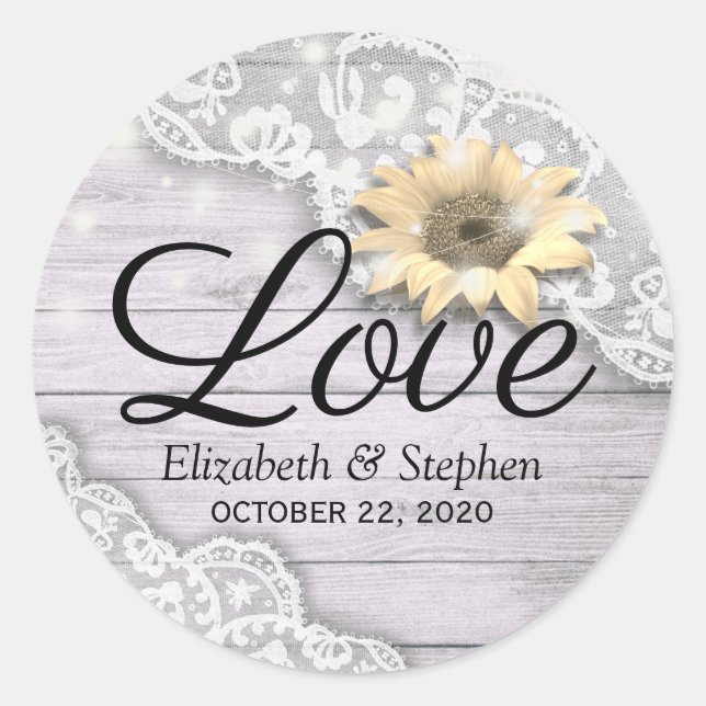 Hochzeit danke Ihnen Lace Sunflower Wood String Li Runder Aufkleber (Vorderseite)