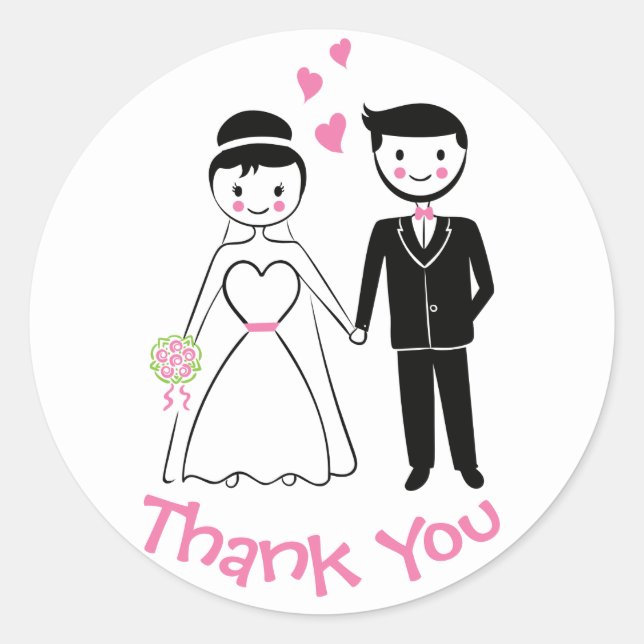 Hochzeit danke Ihnen Pink Black Bride Groom Cartoo Runder Aufkleber (Vorderseite)