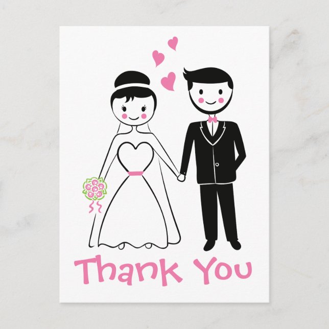 Hochzeit danke Ihnen rosa Schwarzer Cartoon Brautg Postkarte (Vorderseite)