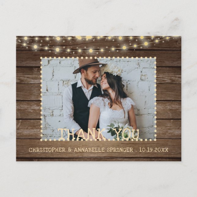 Hochzeit danke Ihnen rustikale Holz String Lights Postkarte (Vorderseite)