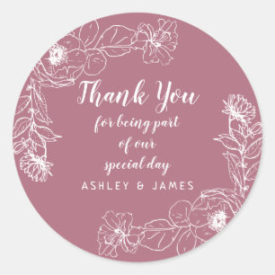 Hochzeit danke Ihnen White Floral Kontur Cassis Runder Aufkleber