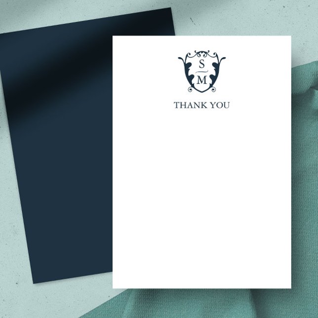 Hochzeit danke Karten Elegantes Monogram Wappen (thank you card navy blue monogram crest)