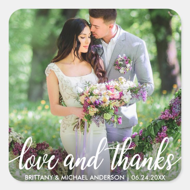Hochzeit danke Liebe und danke Foto Quadratischer Aufkleber (Vorderseite)