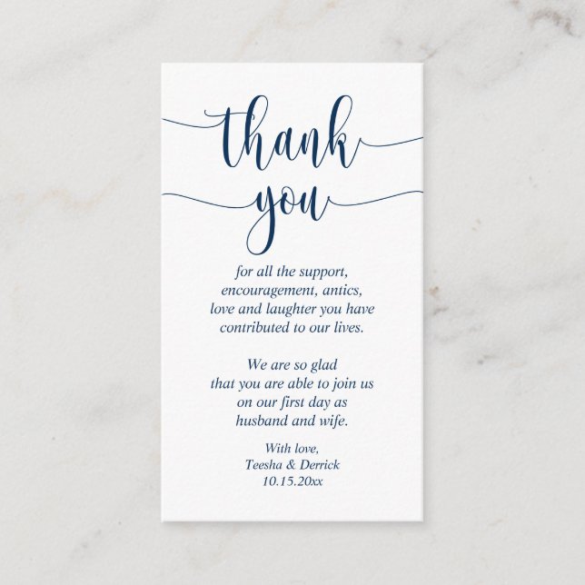 Hochzeit Danke, Modernes Script, Klassisches Navy  Begleitkarte (Vorderseite)