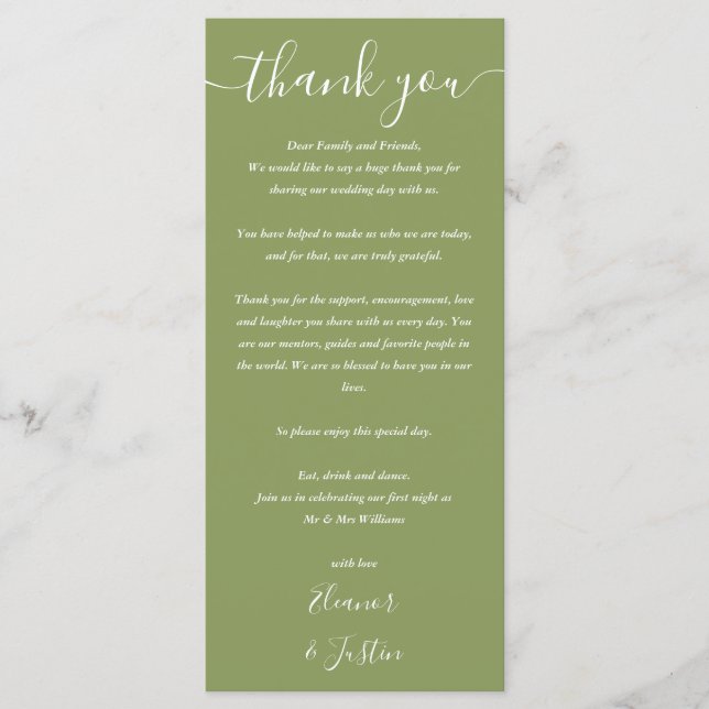 Hochzeit Danke, Moss Green Platzkarte Menükarte (Vorderseite)