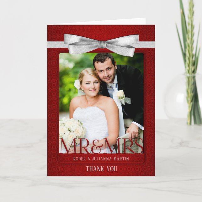 Hochzeit Danke, Red Damask Foto Dankeskarte (Vorderseite)