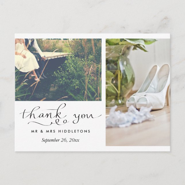 Hochzeit Danke Typografie | Zwei Fotos Postkarte (Vorderseite)