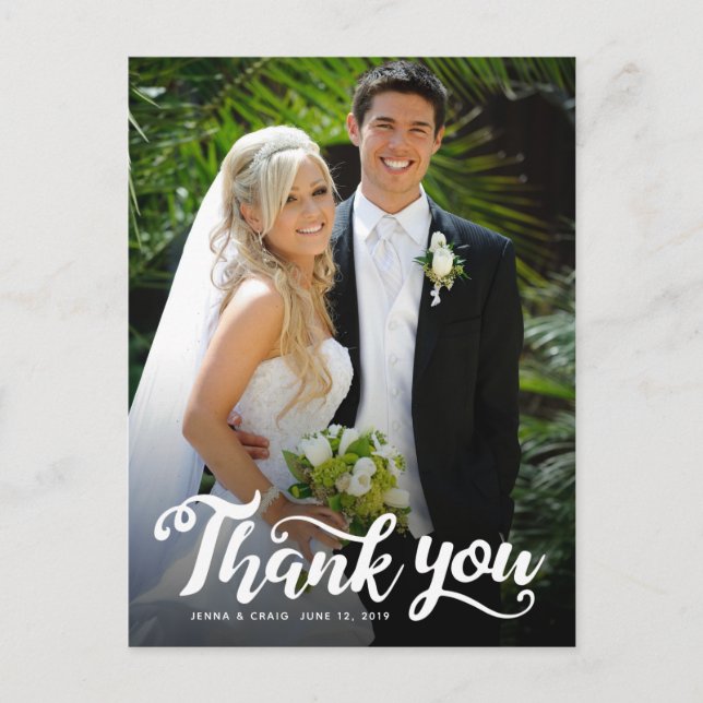 Hochzeit Danke | Weiße Schrift über Foto Postkarte (Vorderseite)