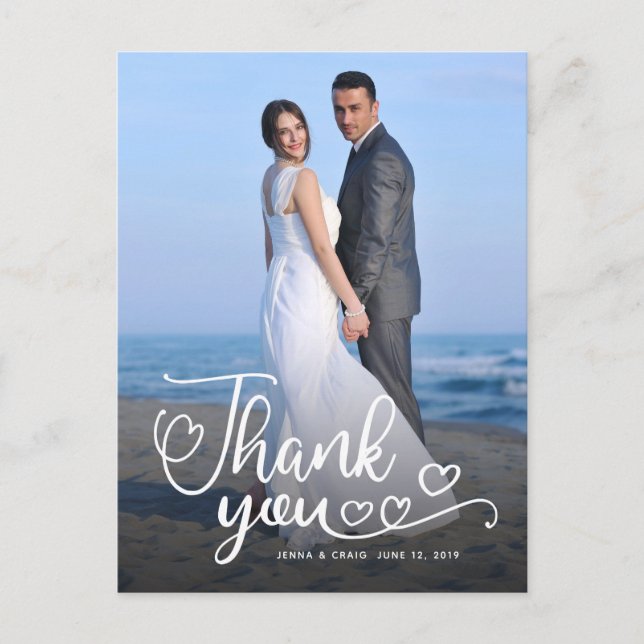 Hochzeit Danke | Weiße Schrift über Foto Postkarte (Vorderseite)