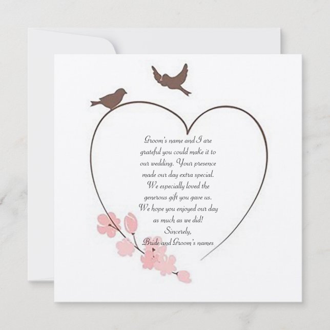 Hochzeit "Das Herz der Vögel" Dankeschön Karte (Vorderseite)