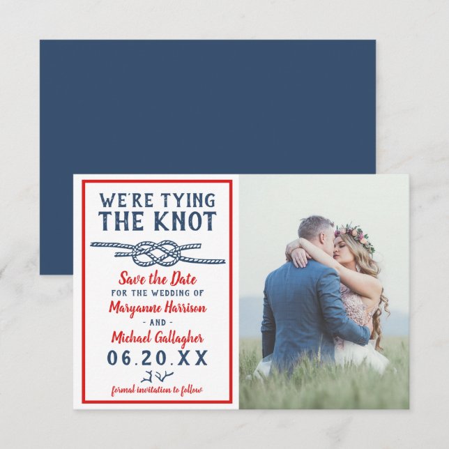 Hochzeit das Knot Beach Foto Navy Blue Red Save The Date (Vorne/Hinten)
