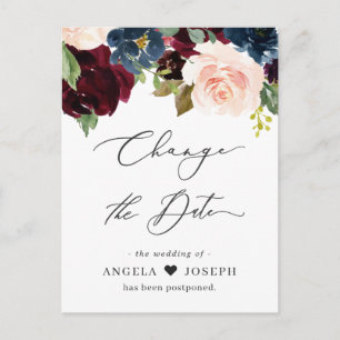 Hochzeit Datum ändern Burgunder-Rosa-Navy-Blumen Postkarte