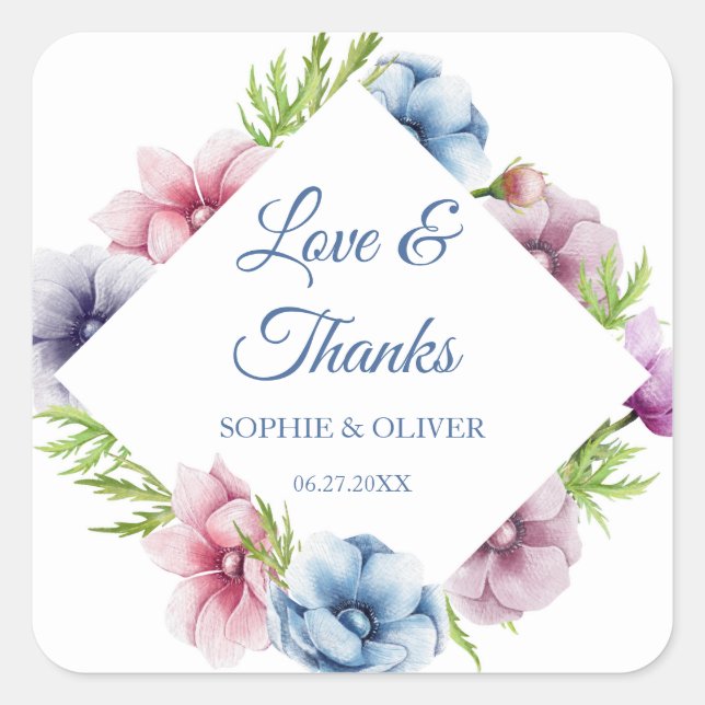 Hochzeit der Anemone-Blume Quadratischer Aufkleber (Vorderseite)
