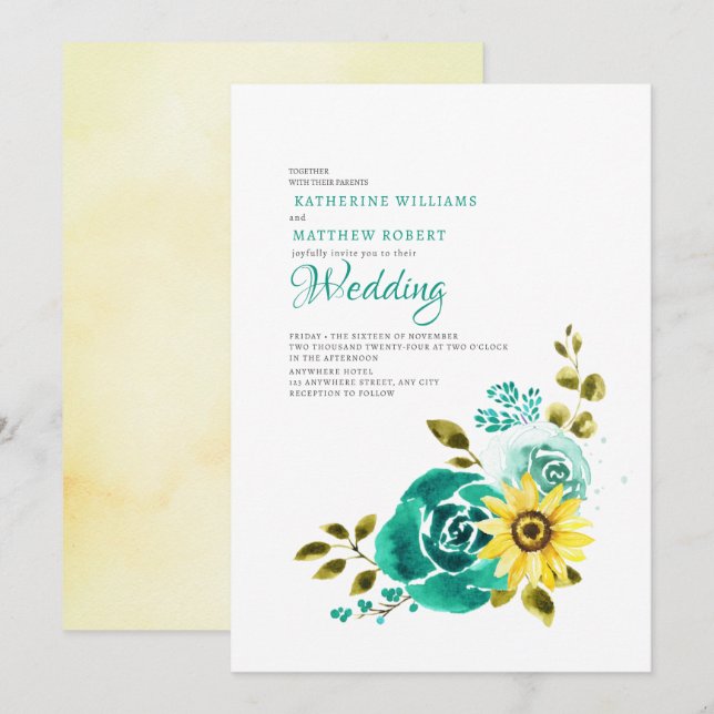 Hochzeit der aquamarinen Gelbblütenblume Einladung (Vorne/Hinten)