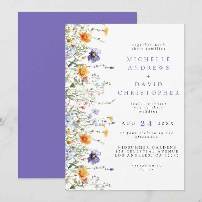 Hochzeit der Aquarellfarben-Wildblume Einladung (Vorne/Hinten)