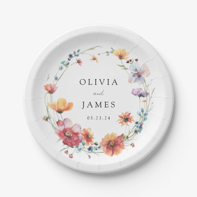 Hochzeit der Aquarellfarben-Wildblume Pappteller (Vorderseite)