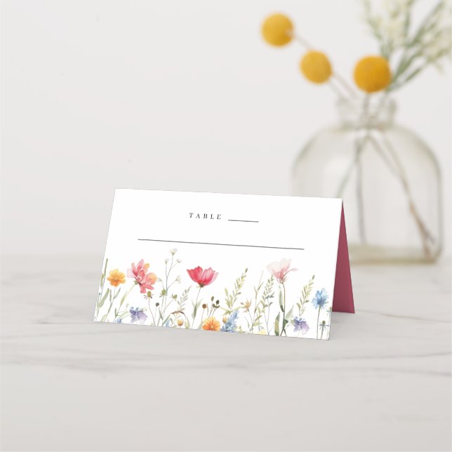 Hochzeit der Aquarellfarben-Wildblume Platzkarte (Vorderseite)