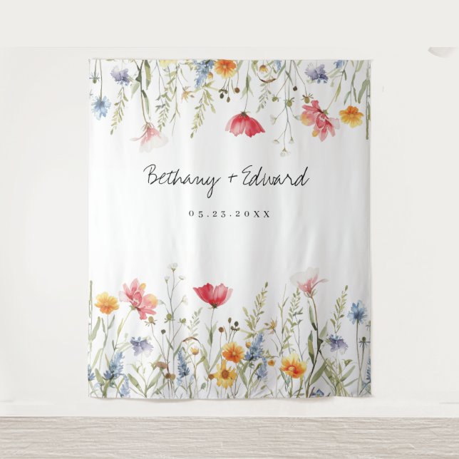 Hochzeit der Aquarellfarben-Wildblume Wandteppich (Vorderseite)