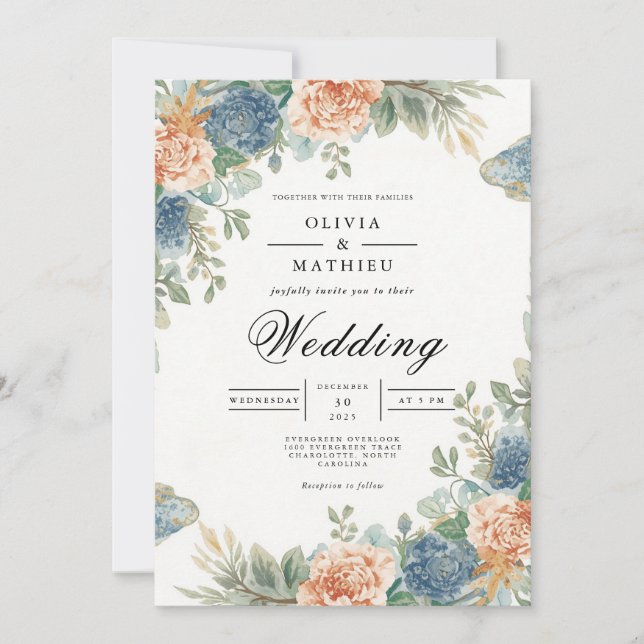 Hochzeit der Blauen Blumenrinde mit weichem Pfirsi Einladung (Vorderseite)
