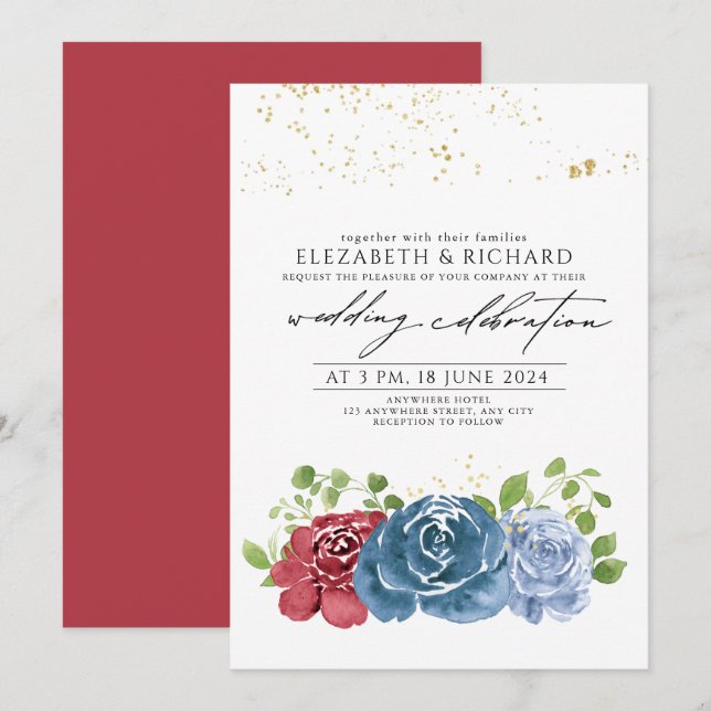 Hochzeit der Blauen Blütengrün der klassischen Mar Einladung (Vorne/Hinten)