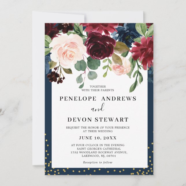 Hochzeit der Blauen Burgund Blush Pink Floral Einladung (Vorderseite)
