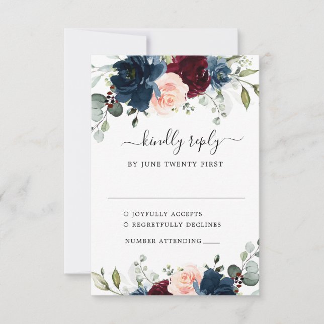 Hochzeit der Blauen Burgund Blush Pink Floral RSVP Karte (Vorderseite)