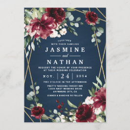 Hochzeit der Blauen Burgund Blush Pink Gold Floral Einladung