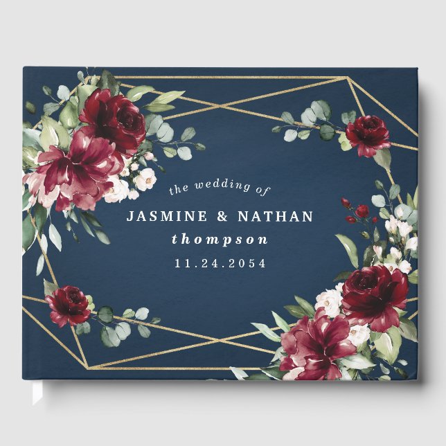Hochzeit der Blauen Burgund Blush Pink Gold Floral Gästebuch (Vorderseite)
