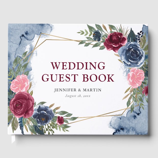 Hochzeit der Blauen Burgundy Gold Geometric Floral Gästebuch (Vorderseite)
