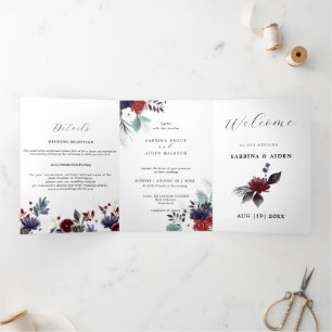 Hochzeit der Blauen Burgundy Rot Gothic Dreifach Gefaltete Ankündigung