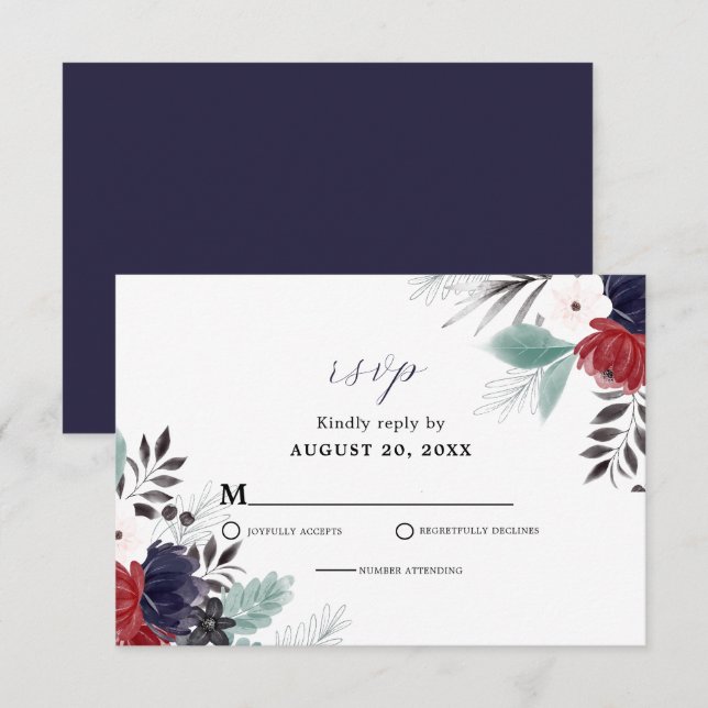 Hochzeit der Blauen Burgundy Rot Gothic RSVP Karte (Vorne/Hinten)