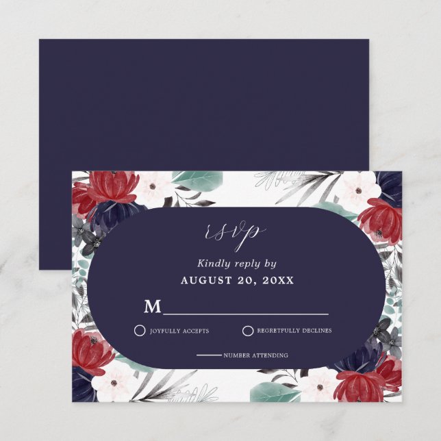 Hochzeit der Blauen Burgundy Rot Gothic RSVP Karte (Vorne/Hinten)