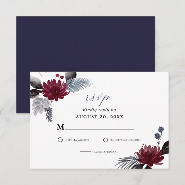 Hochzeit der Blauen Burgundy Rot Gothic RSVP Karte (Vorne/Hinten)