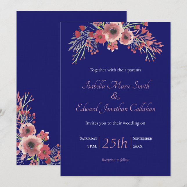Hochzeit der Blauen Korallenblume Einladung (Vorne/Hinten)
