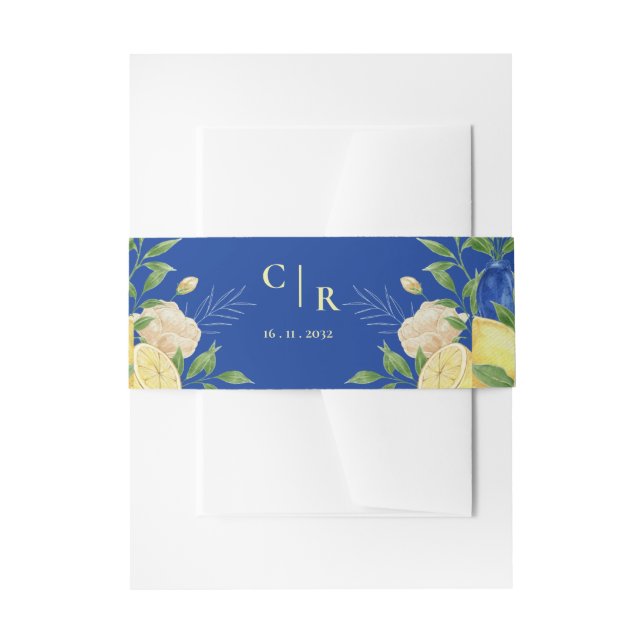 Hochzeit der blauen Lemon-Flora-Monogramm Einladungsbanderole (Vorderseite Beispiel)