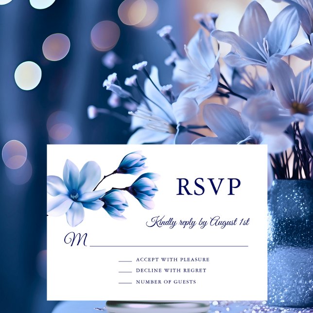 Hochzeit der Blauen Seenot RSVP Karte (Watercolor Floral Magnolia Blue Navy Wedding RSVP Card)