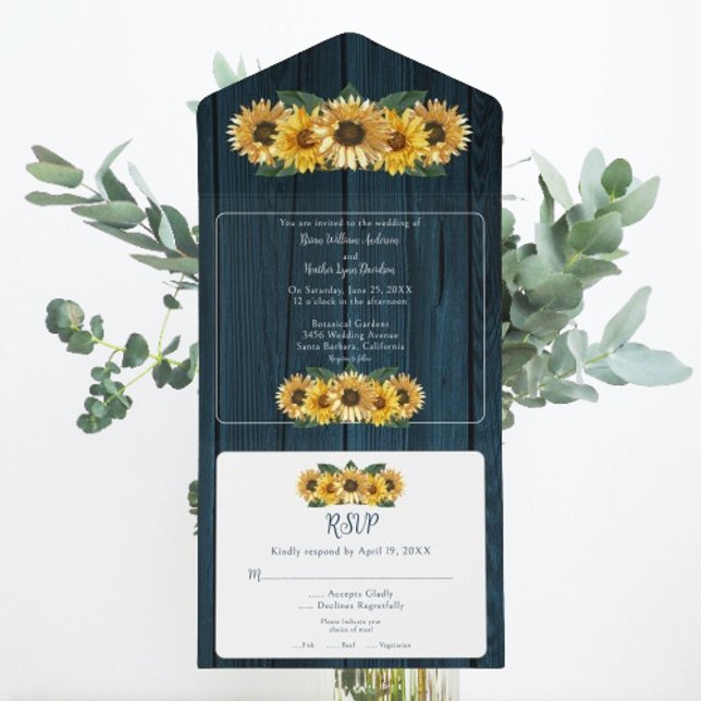 Hochzeit der Blauen Sonnenblume All In One Einladung (Rustic Blue Sunflower Wedding All in One Invitation)