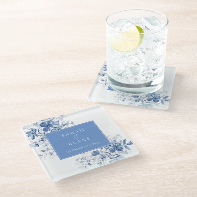 Hochzeit der Blauen Toile Glasuntersetzer (Schrägansicht)