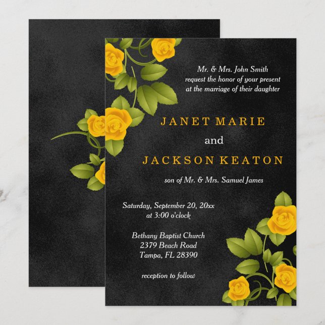 Hochzeit der Blume Black and Yellow Rose Einladung (Vorne/Hinten)