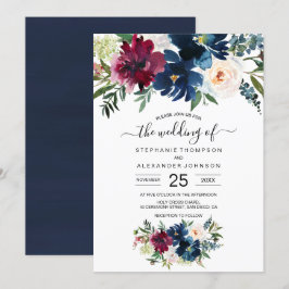 Hochzeit der Blume der Watercolor Burgundy Navy Einladung