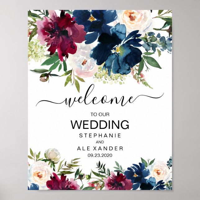 Hochzeit der Blume der Watercolor Burgundy Navy Poster (Vorne)