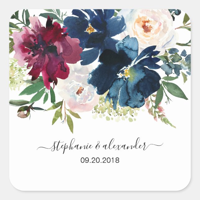 Hochzeit der Blume der Watercolor Burgundy Navy Quadratischer Aufkleber (Vorderseite)