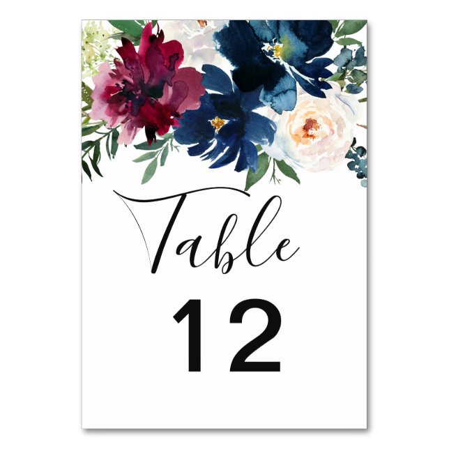 Hochzeit der Blume der Watercolor Burgundy Navy Tischnummer (Vorderseite)